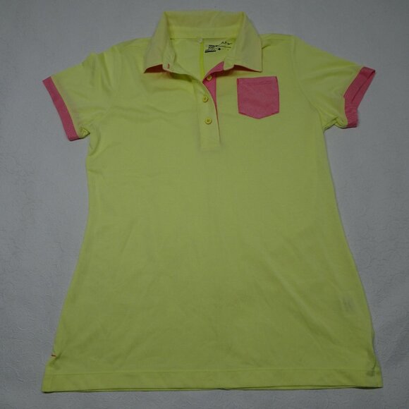 Nike Golf Size Large Sport Dri-Fit Yellow Pink Short Sleeves Polo Shirt - Picture 1 of 9